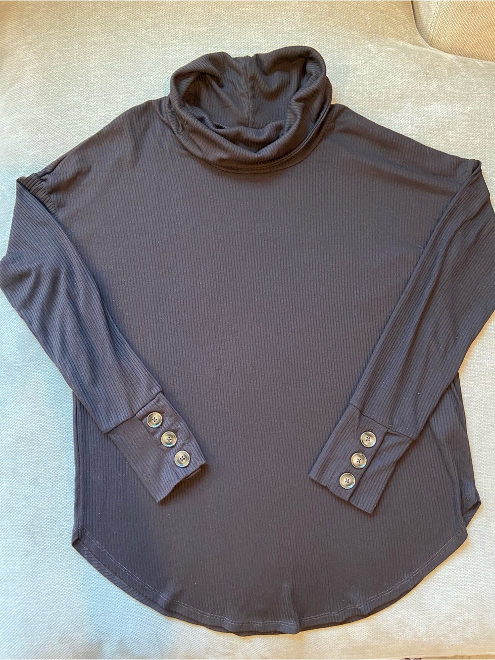 Brown Ribbed Cowl Neck Rib Knit Top with Button Detail Cuffs